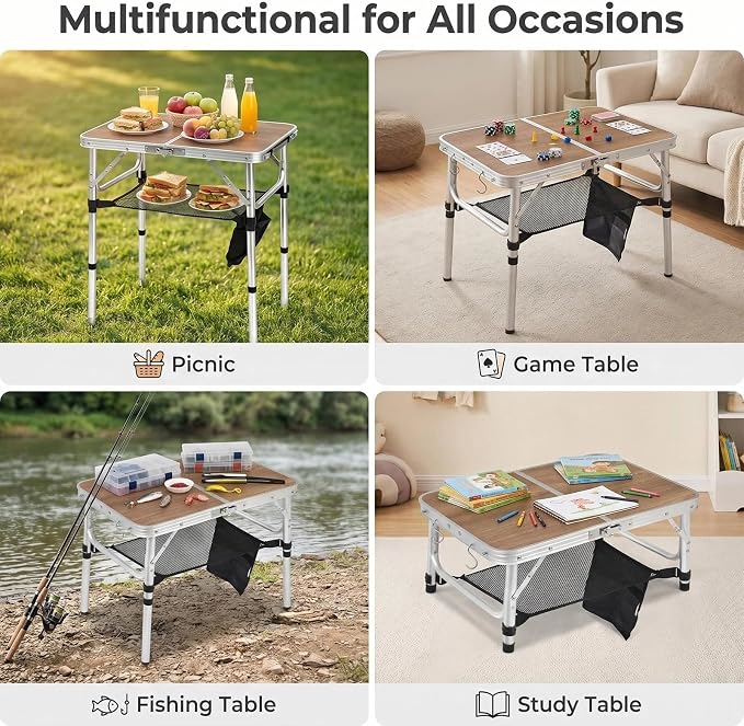Small Folding Camping Table, 2ft Portable Picnic Table Aluminum 24" x 16" Folding Table, 3 Adjustable Heights Portable Lightweight Table Dining Table for RV, Picnic, Beach (Wood Pattern)
