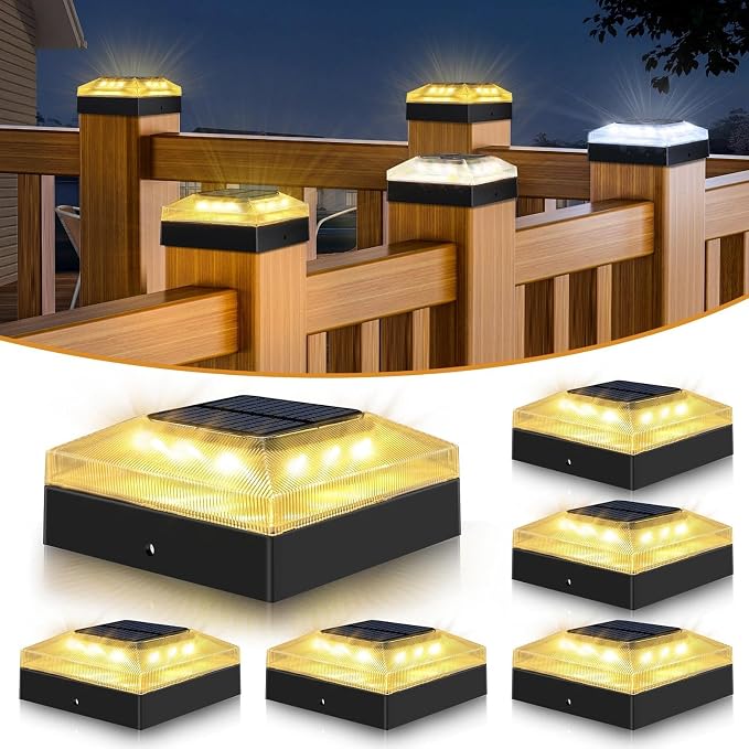 4x4 Solar Post Cap Lights Outdoor 6 Pack, 3 Color Modes/Dusk to Dawn/IP65 Waterproof, Fits 4x4 Vinyl/PVC Wood Posts Top, Black LED Fence Topper Light for Deck, Porch, Backyard