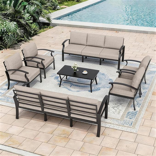 Kurapika Aluminum Patio Furniture Set 10-Seat Modern Metal Outdoor Conversation Sets w/5.1 Inch Cushion Patio Sectional Sofa with Rectangular Coffee Table, Sand