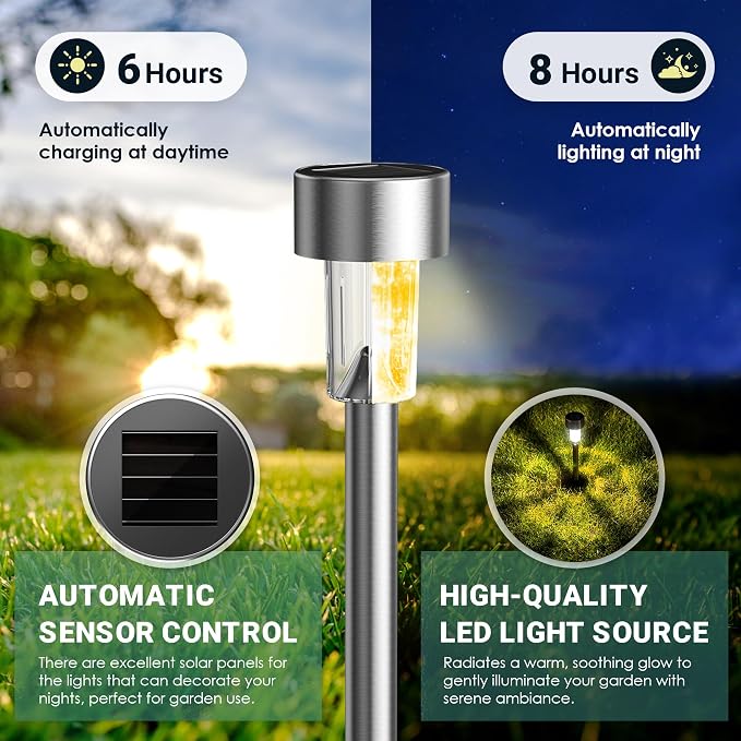 GIGALUMI Outdoor Waterproof Solar Garden Lights, 12 Pack Warm White | Stainless Steel LED, Warm White Glow, Ideal for Patio Lawn Yard Landscape, Garden & Patio Decor