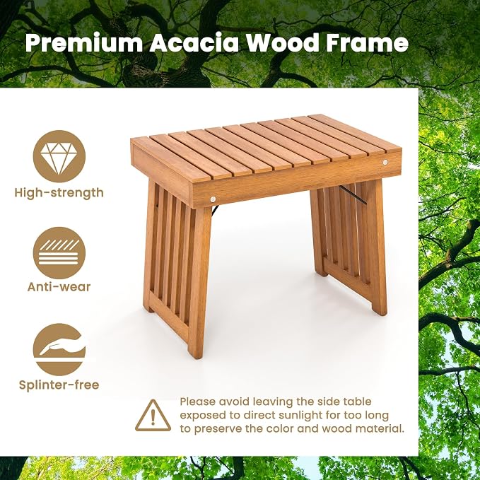 HAPPYGRILL Outdoor Folding Side Table, Foldable Patio Acacia Wood End Table with Slatted Tabletop & Leg Frame, Small Outside Table for Backyard Poolside Porch (Teak Finish)
