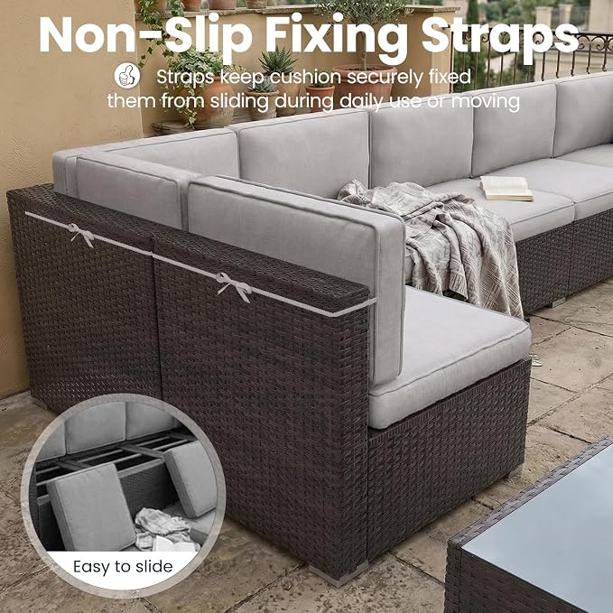 10 Pieces Patio Furniture Set with 44" Propane Gas Fire Pit Table, Outdoor Sectional Brown Rattan Wicker Conversation Sofa Sets with Coffee Table