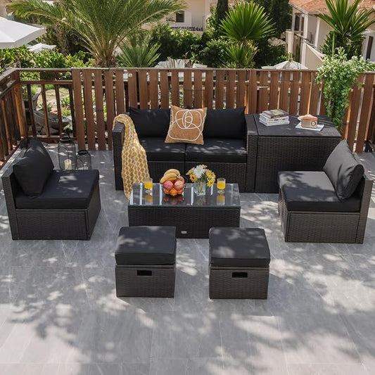 COSTWAY 8-Piece Outdoor Patio Furniture Set, Rattan Sectional Sofa, Armless Chairs, Side Table with Storage Ottoman & Glass Coffee Table, Space-Saving Conversation Set for Garden Deck (Black)
