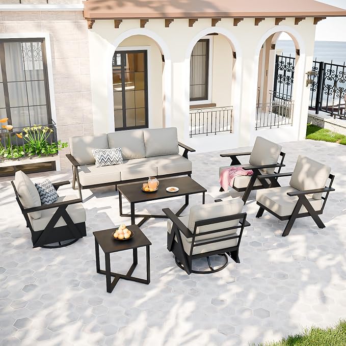 COOS BAY Iron Luxe 7 Piece Outdoor Patio Furniture Set, Modern Patio Conversation Set with Patio Chairs, Swivel Chairs, a 3 Seat Couch, Coffee Table & Side Table for Deck, Garden, Porch, Black/Beige