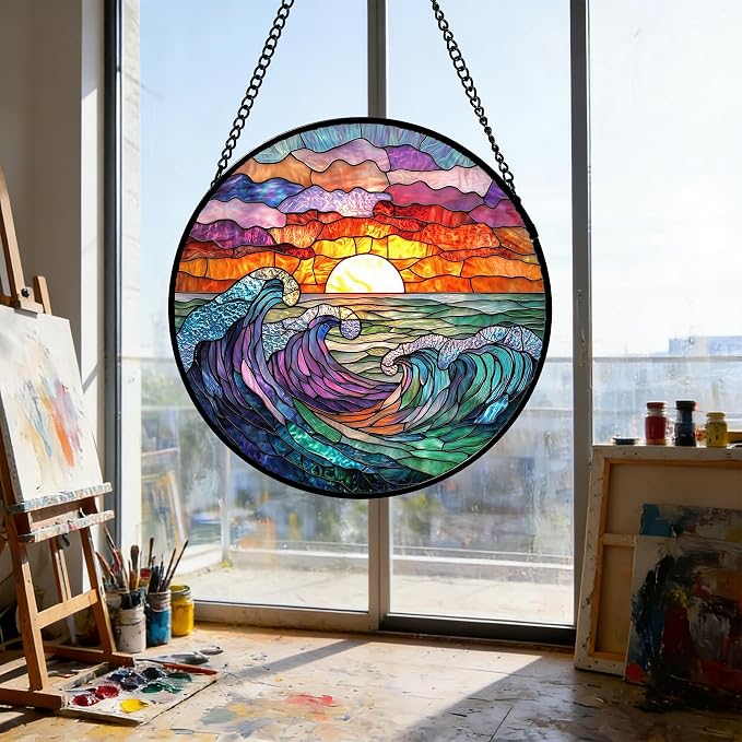 DASTOLL Stained Glass Window Hanging, Clouds and Sea Waves Suncatcher Diamond Glass Panel Hangings Scenery Sun Catchers Decor for Birthday for Women, Men, Wife, Aunt, and Mom 6.3 in