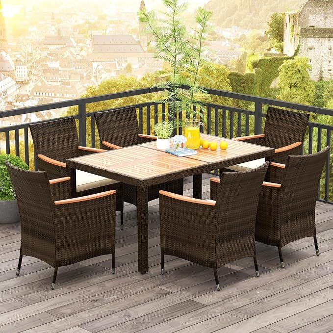 COSTWAY 7-Piece Patio Dining Set for 6, Outdoor Rattan Wicker Table and Chairs Furniture Set with Umbrella Hole, Acacia Wood Tabletop for Backyard, Balcony, Poolside, Brown & Beige