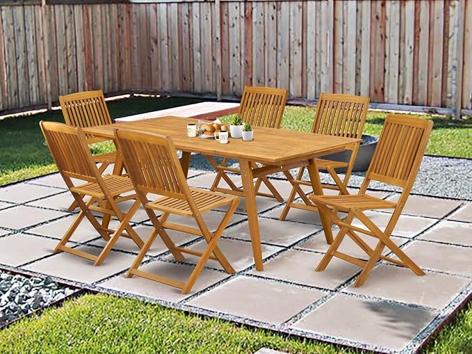 East West Furniture DECM7CWNA 7 Piece Patio Garden Table Set Consist of a Rectangle Outdoor Acacia Wood Dining Table and 6 Folding Side Chairs, 40x72 Inch, Natural Oil