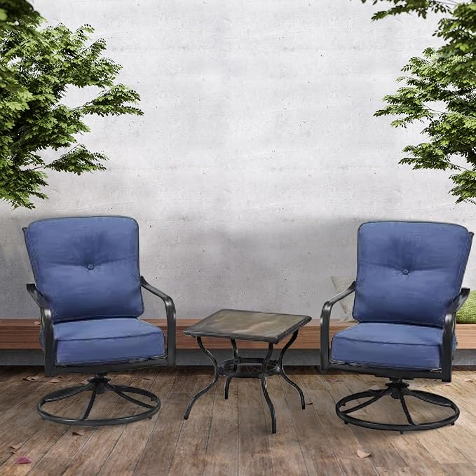 Four Seasons Courtyard Beaumont 3 Piece Deep Seating Outdoor Patio Chat Furniture Set with 2 Swivel Cushioned Chairs and Square Side Table, Gray/Brown