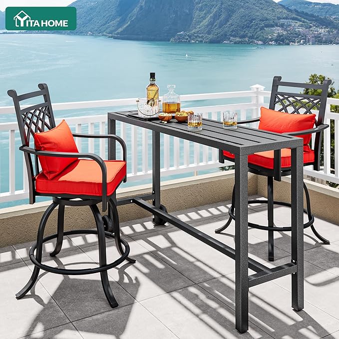 YITAHOME 55" Outdoor Bar Table, Rectangle Narrow Counter Height Table, Ideal Bar Height Table for Balcony, Patio, Garden, Yard, Poolside, Silver Bottom Texture