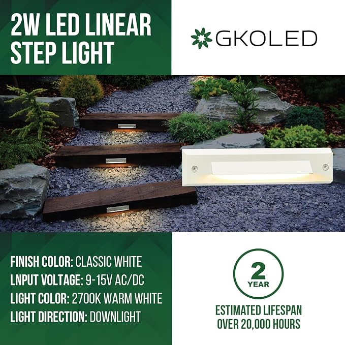 6-Pack Low Voltage 12V AC/DC LED Linear Step Lights, 2W Landscape Lighting, Outdoor Waterproof Accent Lighting Fixtures, Die-cast Aluminum with Classic White Powder Coated Finish