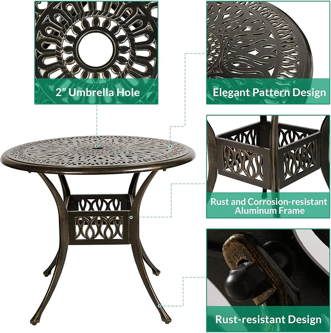 VIVIJASON 3-Piece Patio Furniture Dining Set, Outdoor All-Weather Cast Aluminum Bistro Set, Include 2 Swivel Chairs and 35.4" Round Table w/Umbrella Hole for Balcony, Lawn, Garden (Ocean Blue Cushion)