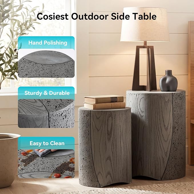 COSIEST MgO Concrete Round Side Table, Outdoor Patio Accent End Table Set of 2, Modern Coffee Table for Garden Balcony Backyard, Gray