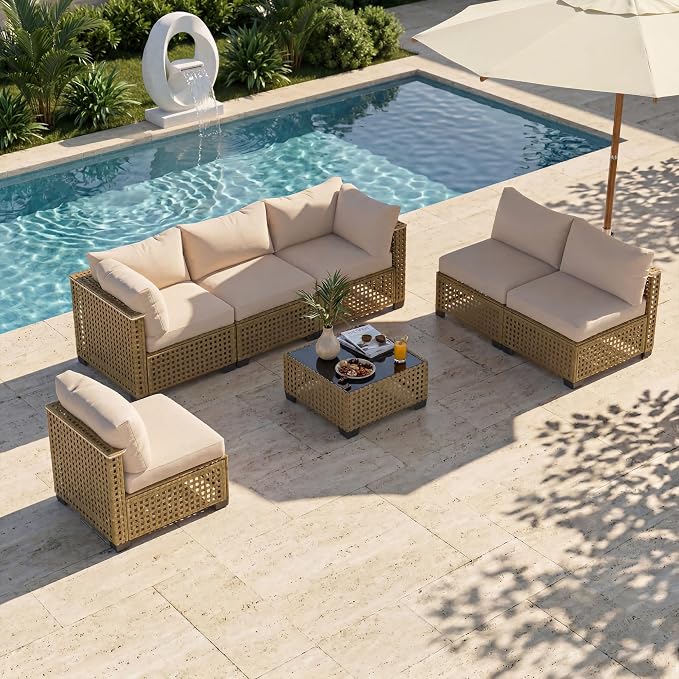 Patio Furniture Set, 7-Piece Outdoor Sectional Couch with Coffee Table & Thick Cushions, Outdoor Wicker Conversation Set for Backyard, Poolside, Garden (Yellow-White, 7 Piece-Single)