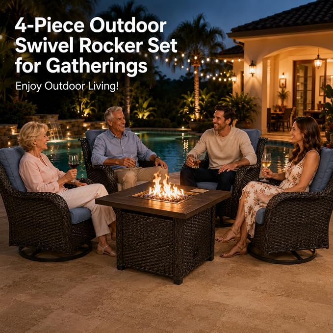 HUMMUH Outdoor Swivel Rocker Wicker Patio Chairs High Back PE Rattan Glider Chairs 4PCS Patio Furniture Set(Brown,Blue)