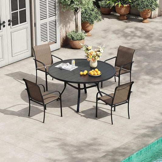 VICLLAX 5 Pieces Patio Outdoor Dining Set, 40.6" Round Metal Table with Umbrella Hole and 4 Stackable Textilene Chairs for Patio, Lawn, Garden, Porch, Black/Brown