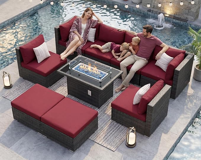 BULEXYARD 9 Pcs Highback Patio Furniture Set with Firepit, High-End Outdoor Sectional Couch with Ottoman 8-Seats, Cozy Comfy Wide Deep Deck Seating Group Conversation, Grey Rattan & Red Cushion