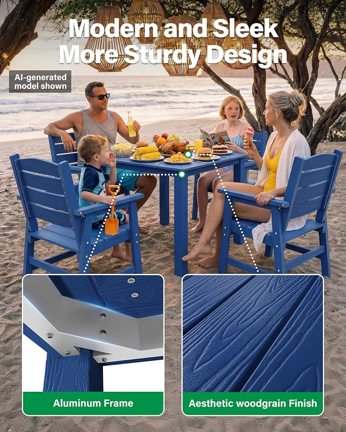 YEFU HIPS Outdoor Table and Chairs : Square Family-Friendly Patio Dining Sets - 5-Piece All-Weather Easy-Clean Outdoor Dining Set - Modern Furniture for Garden Deck Backyard Poolside（Navy）