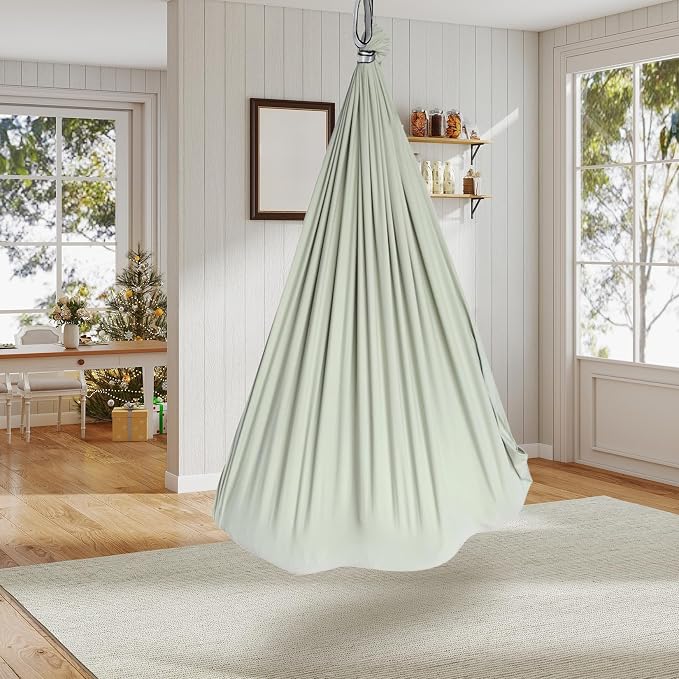 GarveeLife Dual-Layer Cotton Therapy Sensory Hammock Swing for Kids & Adults, Calming Compression, 360° Swivel, Heavy Duty Indoor Outdoor Cuddle Swing, 300 lbs Capacity, Bean Green