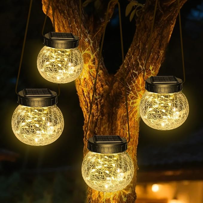 Kolpop 4 Pack Hanging Solar Lights for Outside, Cracked Glass Solar Lanterns Lights Outdoor Waterproof ,30 LED Hanging Globes Lights for Christmas Decoration, Shepherd Hook, Warm White