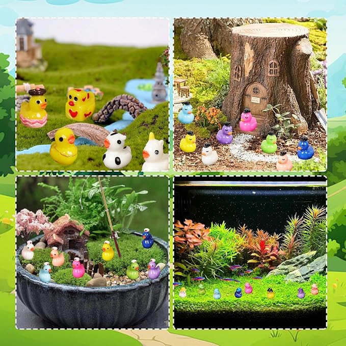 100 Pack Multicolor Mini Resin Ducks to Hide, 35 Unique Styles Solid Little Ducks, Tiny Miniature Duck Figures Bulk for Garden, Terrarium, Potted Plants & Micro Landscape Decor