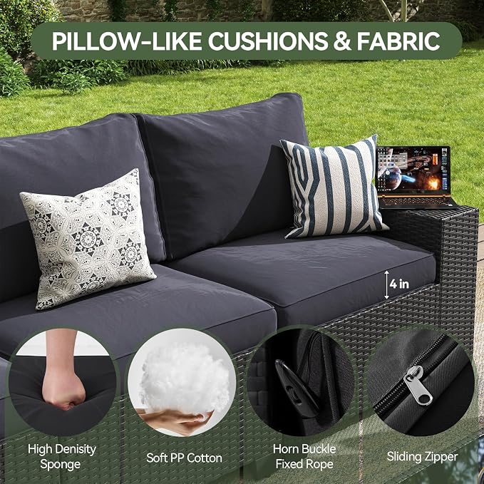 Aoxun 10-Piece Sectional Sofa with 44" Fire Pit, 4" Thicken Cushion, Widen Armrests Wicker for Backyard with Coffee Table, Black