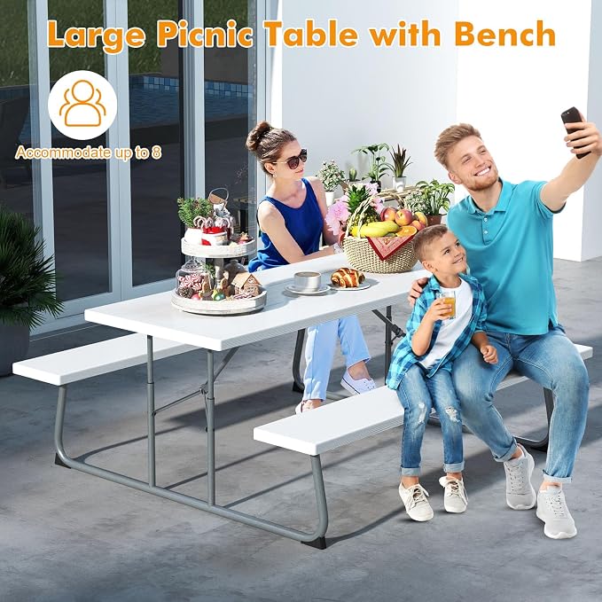 Tangkula 6 Ft Folding Picnic Table, Outdoor 8 Person Large Picnic Table Set with 2 Built-in Benches, Umbrella Hole, Metal Frame & HDPE Tabletop for Garden, Backyard (White)