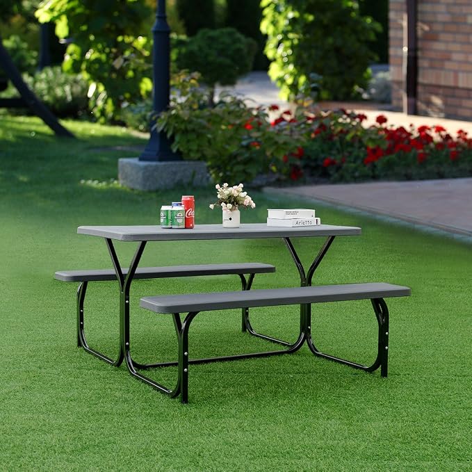 Picnic Table, Outdoor Table Bench Set with Metal Frame & Wood-Like Texture, Large Picnic Table with All Weather-Resistant Tabletop, Camping Picnic Tables for Patio, Lawn, Dining Party