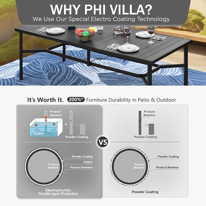 PHI VILLA Outdoor Dining Set for 8, Metal Table & Folding Chairs, Navy Blue | Light-weight & space-saving, Breathable & quick-drying, Rectangular, Umbrella Hole, Weather-Resistant, Adjustable, Patio deck