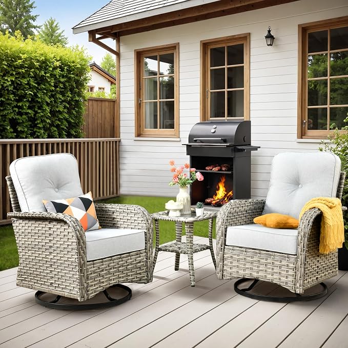Outdoor Swivel Rocker Patio Chairs,Wicker Glider Swivel Rocking Chair Set of 2,Patio Rocking Swivel Chair Set with Rattan Side Table for Pool Deck Porch Balcony,Light Gray