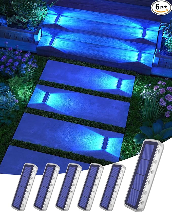DetarZinLED Blue Solar Lights for Outside 6 Pack, 12 LEDs 2-Sided Illumination Solar Dock Lights Outdoor IP68 Waterproof, Auto On/Off Solar Deck Lights for Steps,Stairs,Driveway,Pathway,Sidewalk,Porch
