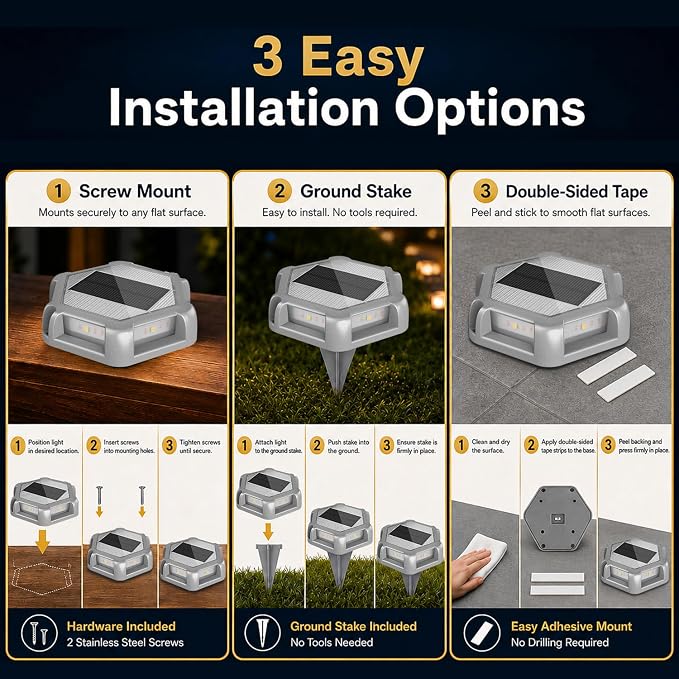 Solar Dock Lights Outdoor, 12 Pack Warm White Solar Deck Lights with 6 LEDs, IP65 Waterproof Solar Driveway Lights, Auto On/Off Deck Lights for Driveway, Pathway, Patio, Garden, Steps