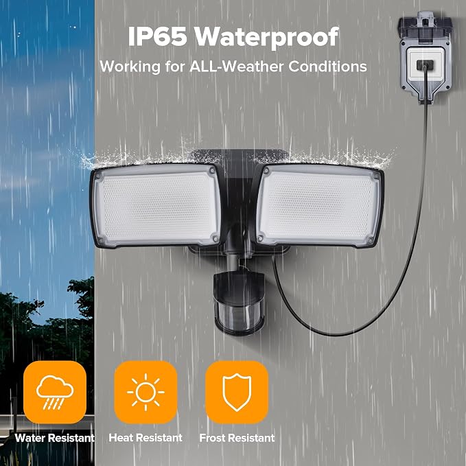LUTEC 2 Pack 21W Plug in Motion Sensor Light Outdoor, Flood Lights Outdoor Motion Sensor,2500LM, 5000K Daylight,IP65 Waterproof,Adjustable 2 Heads Wall Light for Garage, Porch, Yard - Black