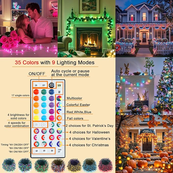 Pooqla 200 LED Color Changing Christmas String Lights with Remote, 66 ft | Green Wire 35 Colors Halloween Lights Plug in with Timer, Connectable RGB String Lights Indoor Bedroom Party Christmas Decor
