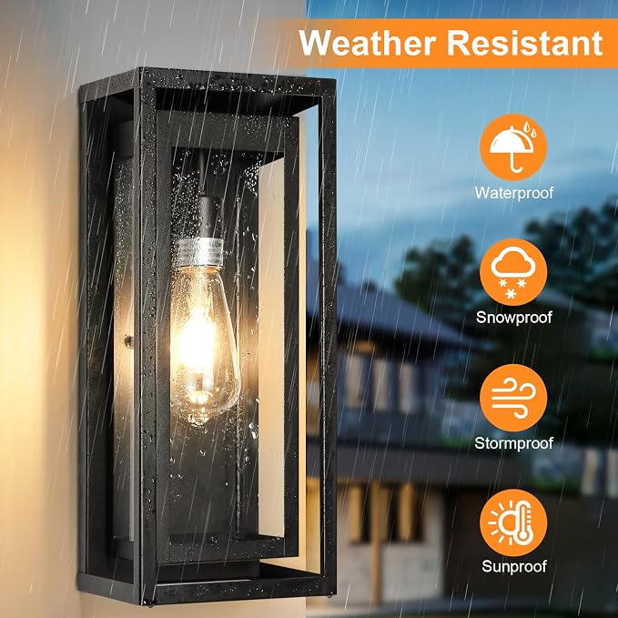 15" Large Outdoor Light Fixture Wall Mount, Matte Black Outdoor Sconce Lights, Modern Waterproof Exterior Porch Lights with Clear Glass Shade for Front Door, Garage, 1 Pack
