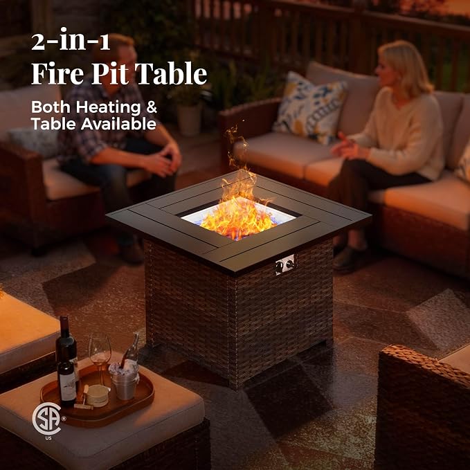 MIXPATIO Patio Furniture Set, 8 Pcs Wicker Rattan Outdoor Conversation Set, 4 x Leg Chairs, 1 x 3 Seater Sofa and 2 x Ottomans with 4" Thick Cushion and 32" Fire Pit Table, Beige