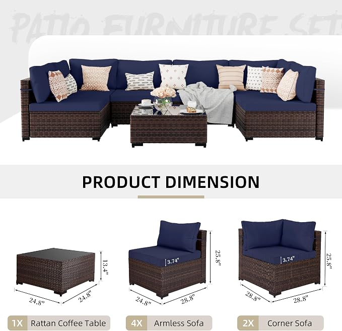 UPHA 7 Pieces Patio Furniture Sets, Wicker Outdoor Sectional Sofa Couch with Coffee Table, Patio Conversation Set for Deck Backyard Garden, Brown Rattan, Navy Blue Cushion