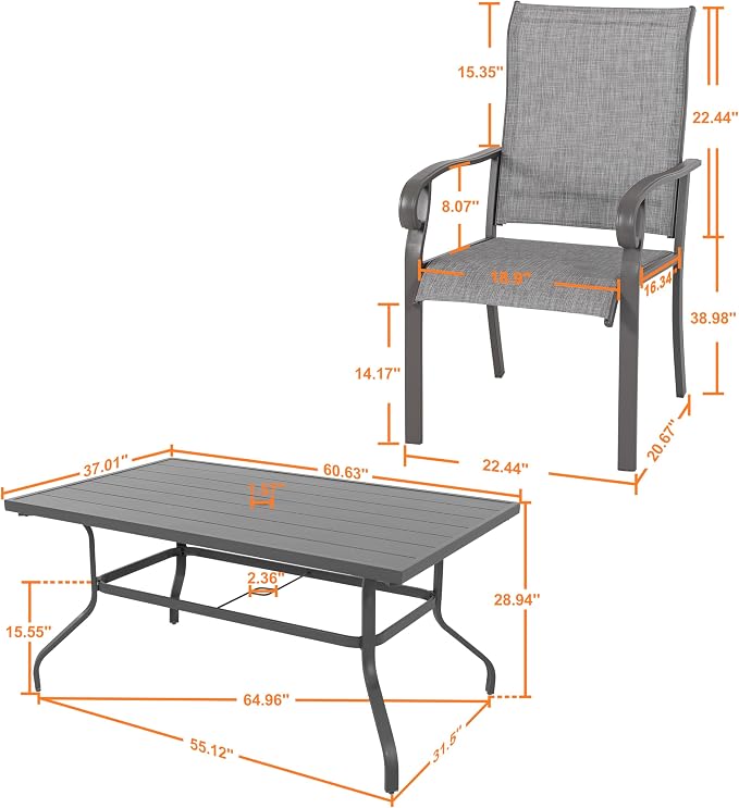 NUU GARDEN Outdoor Patio Dining Set 7 Piece Furniture Set Including 61"x37" Rectangular Outdoor Metal Patio Dining Table and 6 Gray Textilene Chairs for Garden, Patio and Poolside Backyards