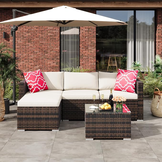 GarveeHome 5 Pieces Patio Sectional Furniture Set, All Weather Wicker Rattan Sectional Sofa, Patio Conversation Set with Cushions and Glass Coffee Table for Backyard Porch Garden Balcony, Beige