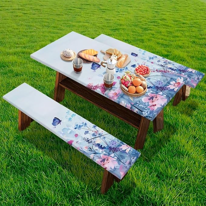 Blue Floral Picnic Table Cover with Bench Covers 3 Piece Fitted Picnic Table Cover with Bench Covers Picnic Table Covers with Elastic Band Picnic Table Cover for Outdoor, BBQ, Camping