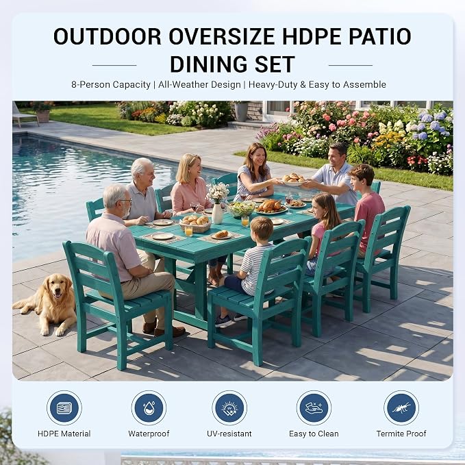 KINGYES Outdoor Dining Table,84 inch HDPE Rectangular Patio Table with Umbrella Hole，Waterproof Patio Furniture for Backyard,Aruba