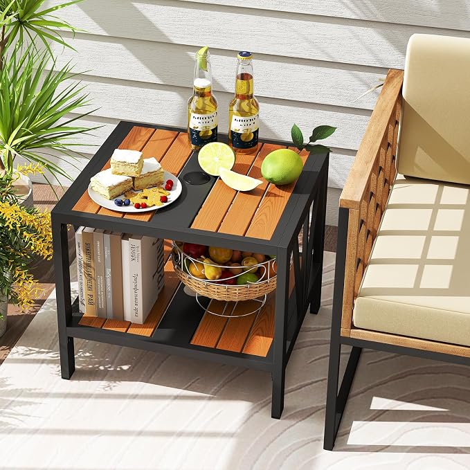 Tangkula Outdoor Side Table with 1.57” Umbrella Hole, 2-Tier Patio Metal End Table with Storage Shelf, Small Bistro Coffee Table for Porch, Balcony, Garden and Backyard (1)