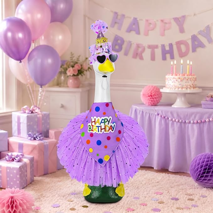 Porch Goose Birthday Outfit, Happy Birthday Goose Outfit Lawn Geese Clothes for 17/23" Cement Geese Statue for Patio (Purple)