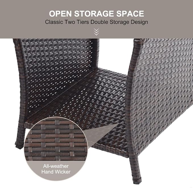 Outdoor Patio Side Table Set of 2 Small Brown Wicker Rattan End Table for Outside Storage Coffee Table with Poly Lumber Table Top for Garden Lawn Pool Porch Deck