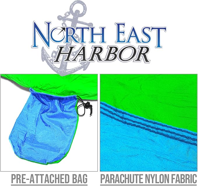 North East Harbor Hammock, Portable 2 Person Camping Hammock, Hammock for Two with Carabiners and Pre-Attached Bag, Two Person Hammock Camping Fun, Great Camping Accessories (Fruit Green & Light Blue)