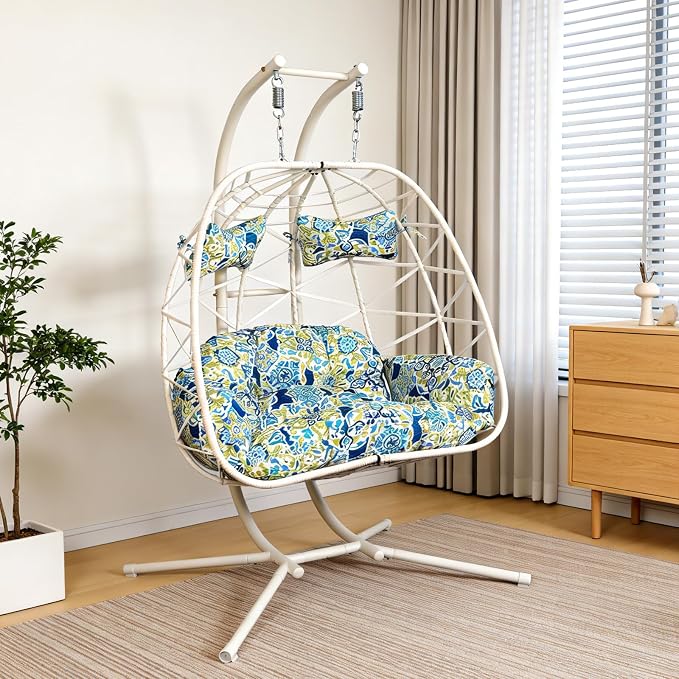 2 Person Double Hanging Egg Chair, Oversized Wicker Rattan Loveseat Swing Chair, Heavy Duty 600lbs Capacity, Foldable Basket Hammock Chair with Thick Cushion for Indoor Outdoor Patio Bedroom