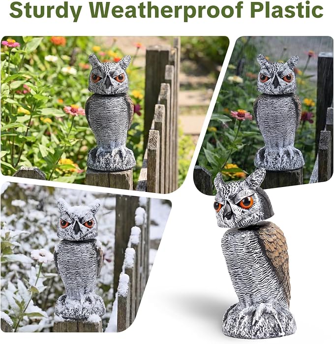 OFFO Fake Owl, Owl Statue for Garden and Yard Decoration, Weatherproof Plastic Rotating Head Outdoor Owl Decor for Porch Pool Patio Yard, 10-Inch Height, Long Ear Owl
