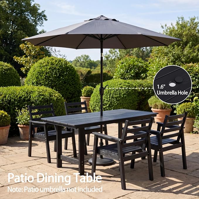 5-Piece Outdoor Dining Set, All-Weather HDPE Patio Furniture, 66.5" Slatted Table with 1.6" Umbrella Hole & 4 Ergonomic Armchairs, Heavy Duty 350lbs Capacity, UV Resistant, Black