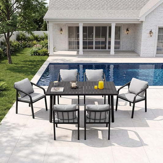 Outdoor Dining Set,7-Piece Patio Dining Table Set for 6 with Rectangular Table & 6 Thick Cushion Sofa Chair, Aluminum All-Weather Patio Furniture Set for Backyard, Garden and Poolside (Black)