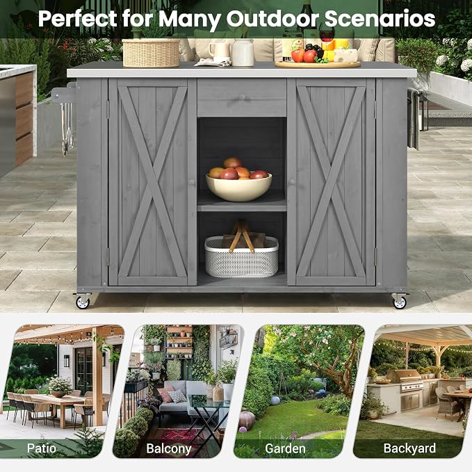Outdoor Kitchen Island Fir Wood Kitchen Island with Stainless Steel Top,Ample Storage Space, Towel and Spice Racks and a Bottle Opener for Outdoor (Grey@53)