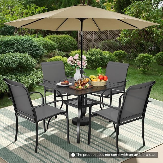 Incbruce 6 Pieces Patio Dining Set with Brown Umbrella, Outdoor Dining Set of 4 Textilene Chairs and Square Table with Umbrella Hole for Backyard, Garden, and Poolside (Grey)